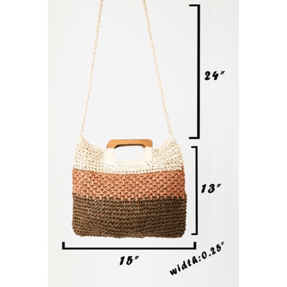 SOLD OUT Three Tone Striped Square Wood Handle Woven Braided Straw Tote Bag - Picture 4 of 5